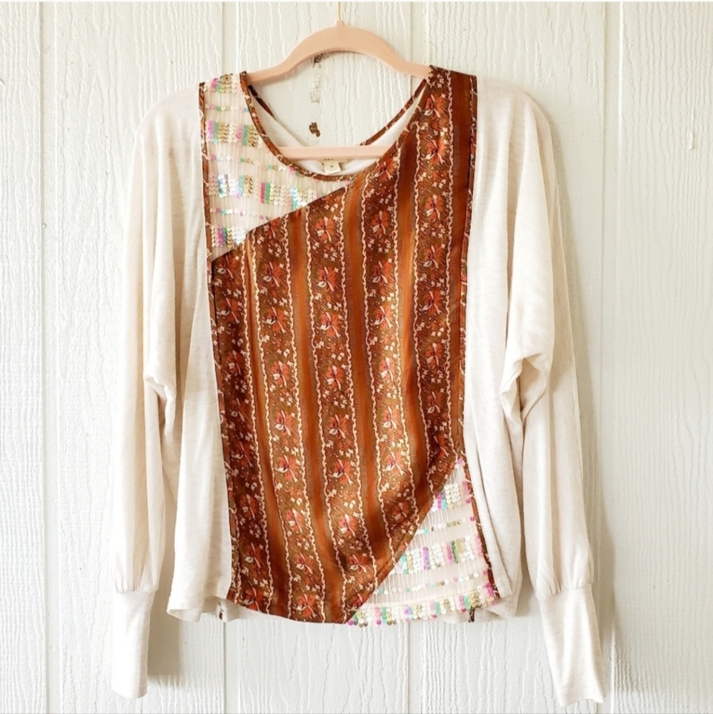 Anthropologie Long-Sleeve Top with Brown Patterned Front Panel - Picture 6 of 6